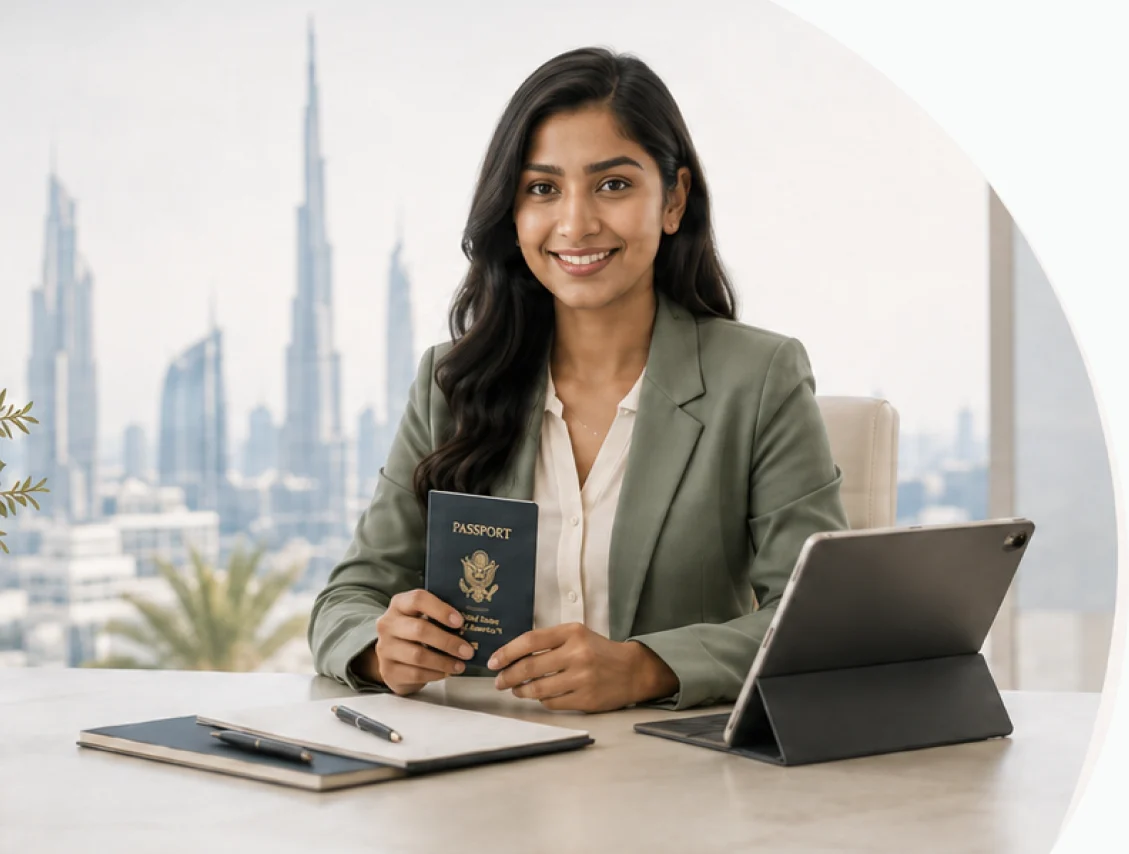 Emirates Transit Visa consultant holding a passport with the Dubai skyline behind