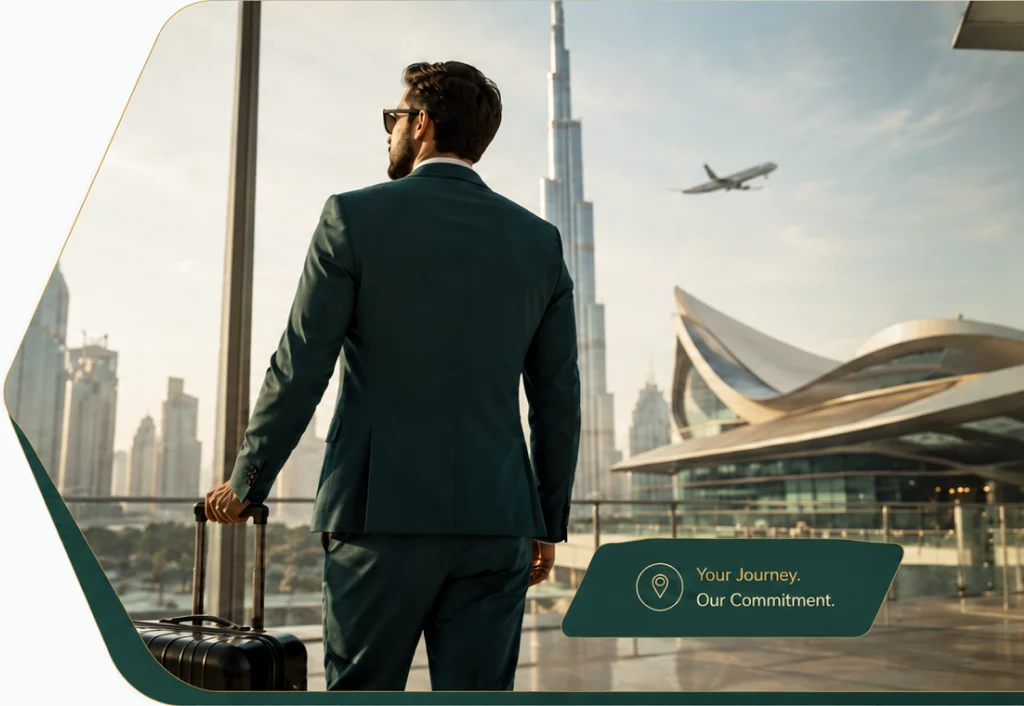 Business traveller with luggage looking out over the Dubai skyline at the airport
