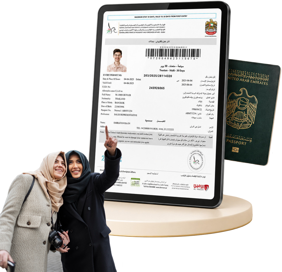 Traveller pointing at a UAE e-Visa entry permit displayed on a tablet, next to a United Arab Emirates passport