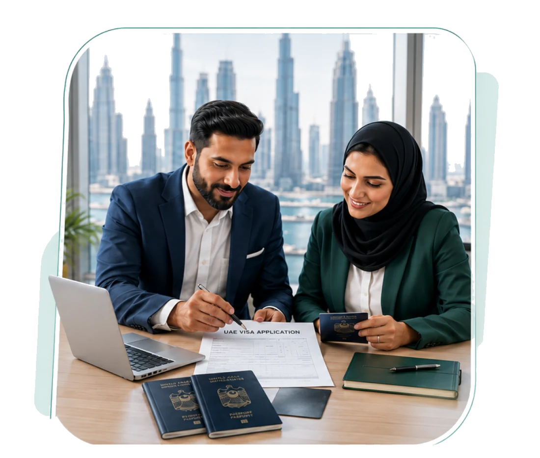 A central booker and colleague completing a UAE visa application together