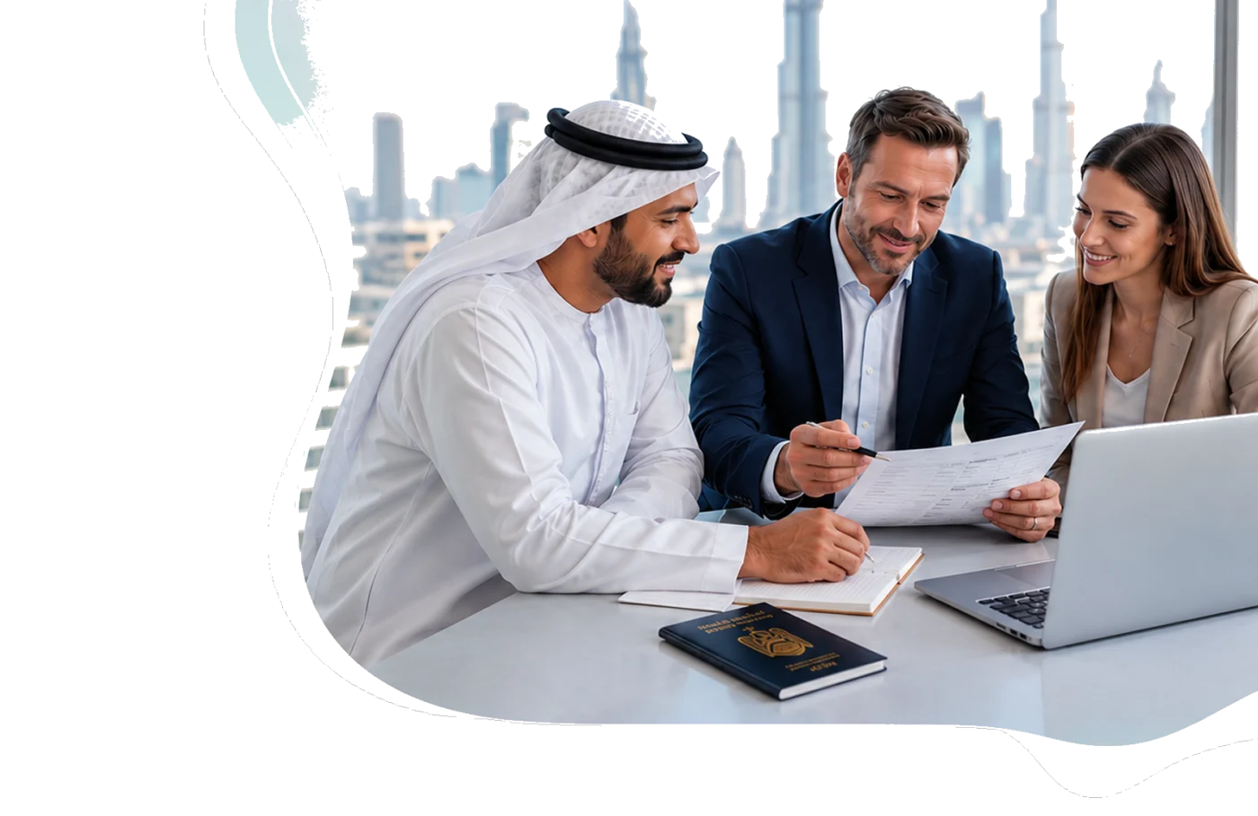 Business partners reviewing Emirates visa services together with the Dubai skyline behind them