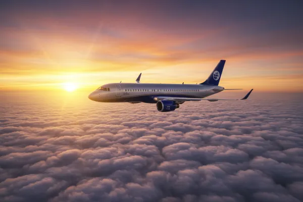 Airplane flying above the clouds at sunset